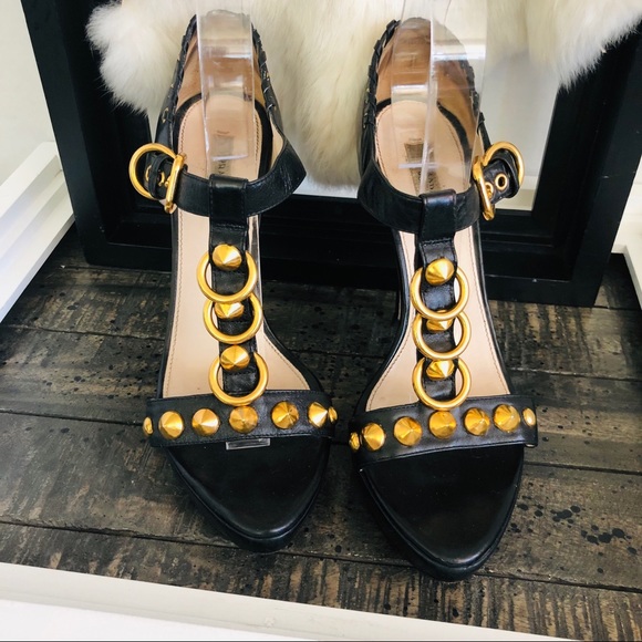 Prada Shoes - PRADA Leather Detailed T Strap Gold Stud Hardware accents buckle